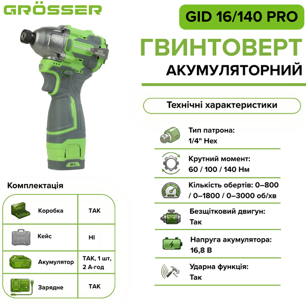 Гвинтоверт ударний акумуляторний Grosser GID 16/140 PRO G0332 фото