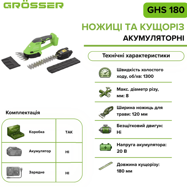Акумуляторні ножиці та кущоріз Grosser GHS 180(без АКБ) G0145 фото