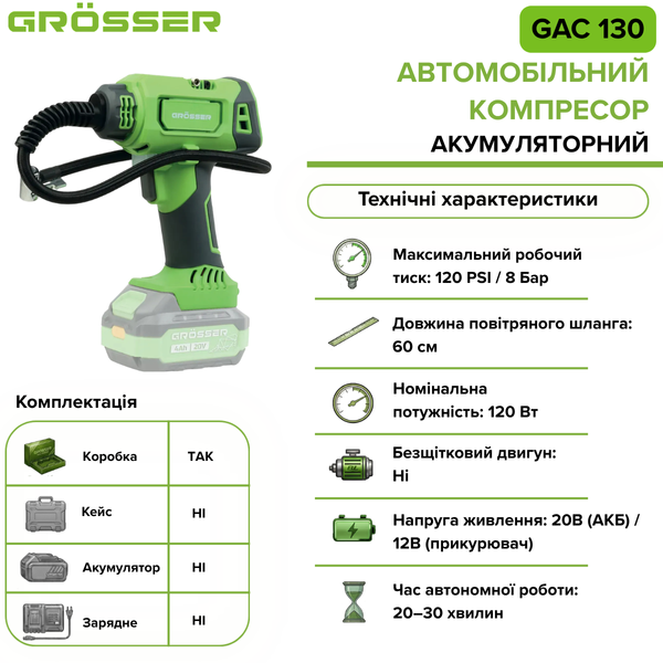 Аккумуляторный автокомпрессор Grosser GAC 130(без АКБ) G0319 фото