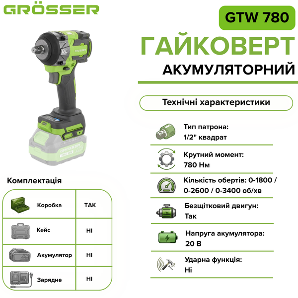 Аккумуляторный гайковерт Grosser GTW 780(каркас) G0112 фото