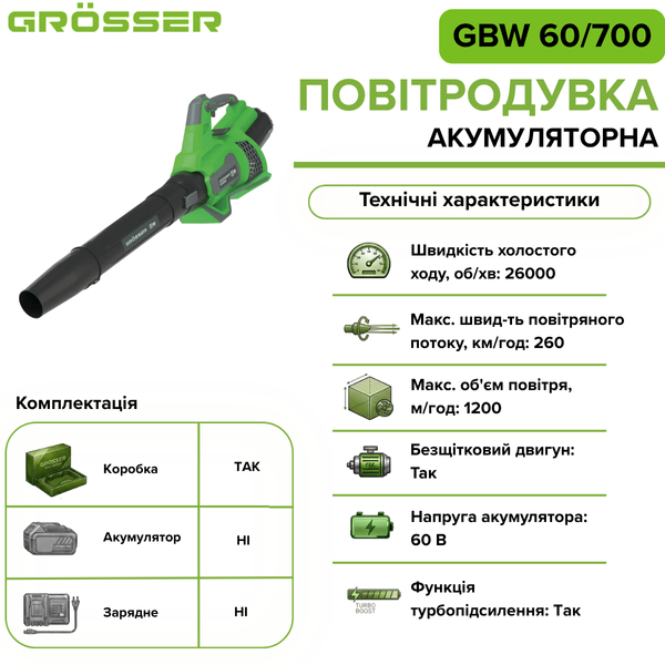 Акумуляторна повітродувка Grosser GBW 60/700 G0374 фото