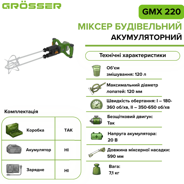 Миксер строительный аккумуляторный Grosser GMX 220(без АКБ) G0277 фото