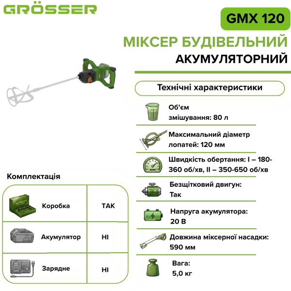Миксер строительный аккумуляторный Grosser GMX 120(без АКБ) G0278 фото